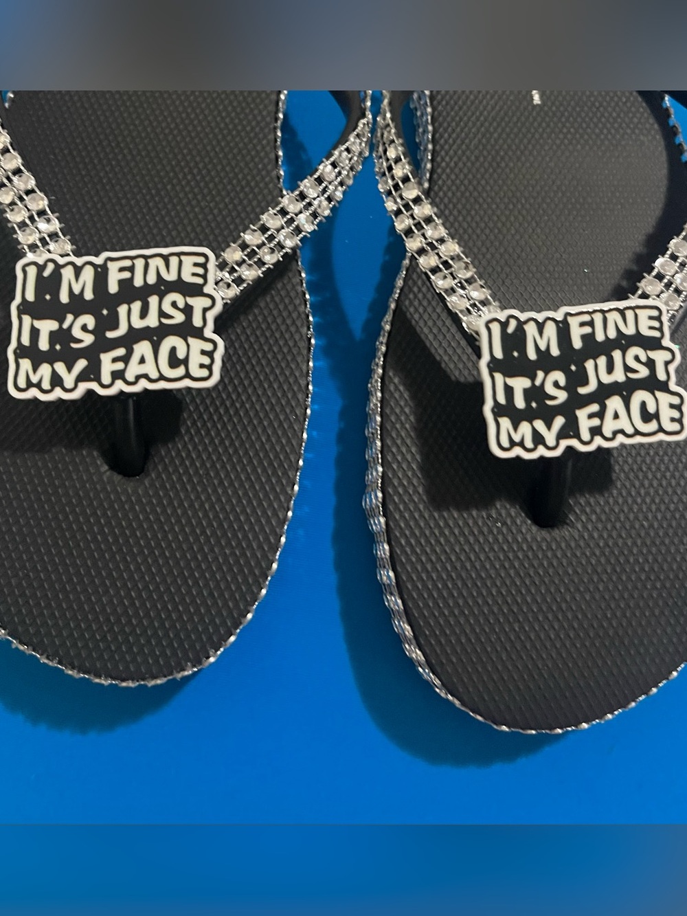 Black Rhinestone Flip Flop Sandals with 'I'm Fine It's Just My Face' Charm